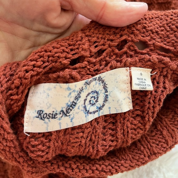 ROSIE NEIRA ANTHROPOLOGIE Rust Crochet Cotton Knit Open Longer Cardigan Duster S - Picture 5 of 7